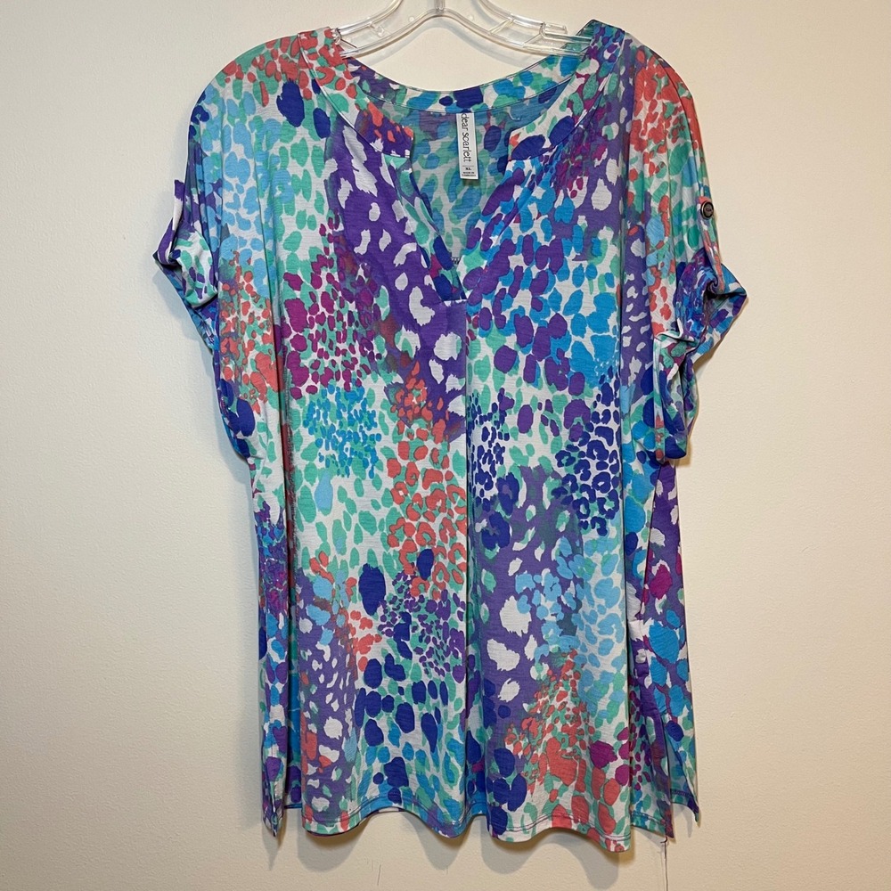 Dear Scarlett Lizzy Blouse Short Sleeve Shirt Top Multicolor Abstract Size XL